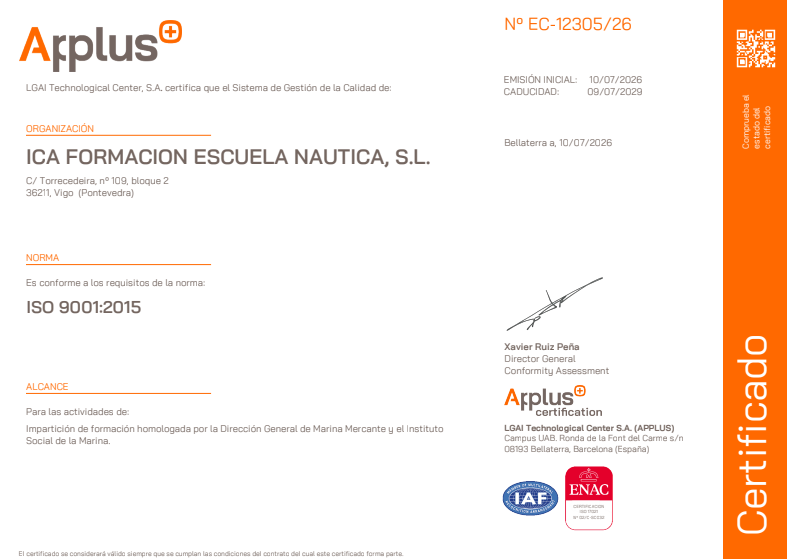 Marca de certificación Applus+ del sistema de gestión de calidad de ICAFORMACION ESCUELA NAUTICA SL